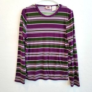 Faded Glory Purple & Green Striped Long Sleeves Pullover Top Women's Size Large